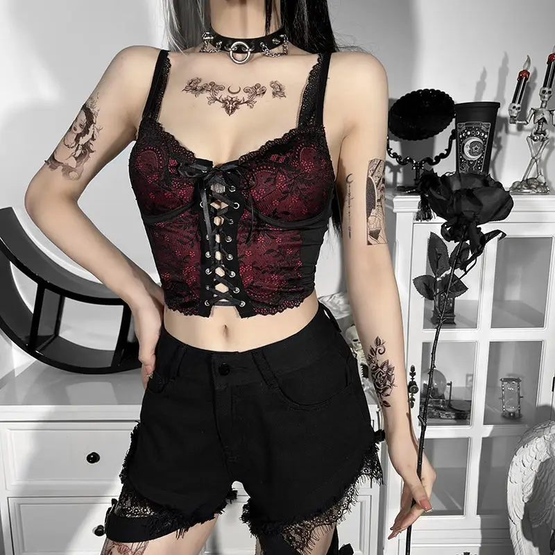 

DARKLOOKS темный женский готический кружевной жилет на бретельках, женский топ в стиле Abi для горячих девушек