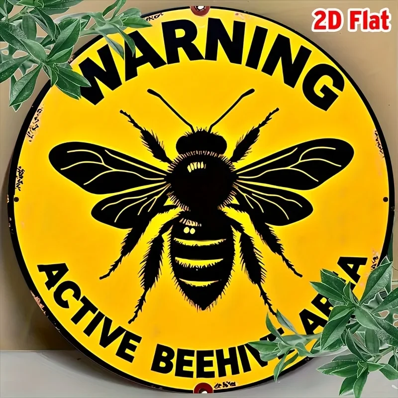 Warning Active Beehive Area Graphic Round Metal Tin Sign 2D 1PC 20x20cm Backyard Garden Iron Wall Decor