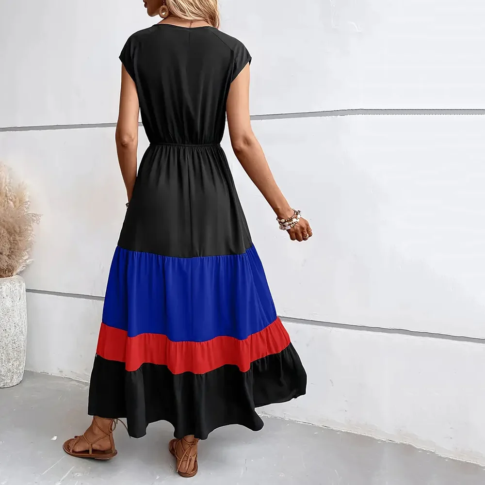 Black Color Block Short Sleeve V Neck Pleater Long Dress Women Summer Casual Polo Collar Flowy Maxi Dresses Vacation 2024 Wear