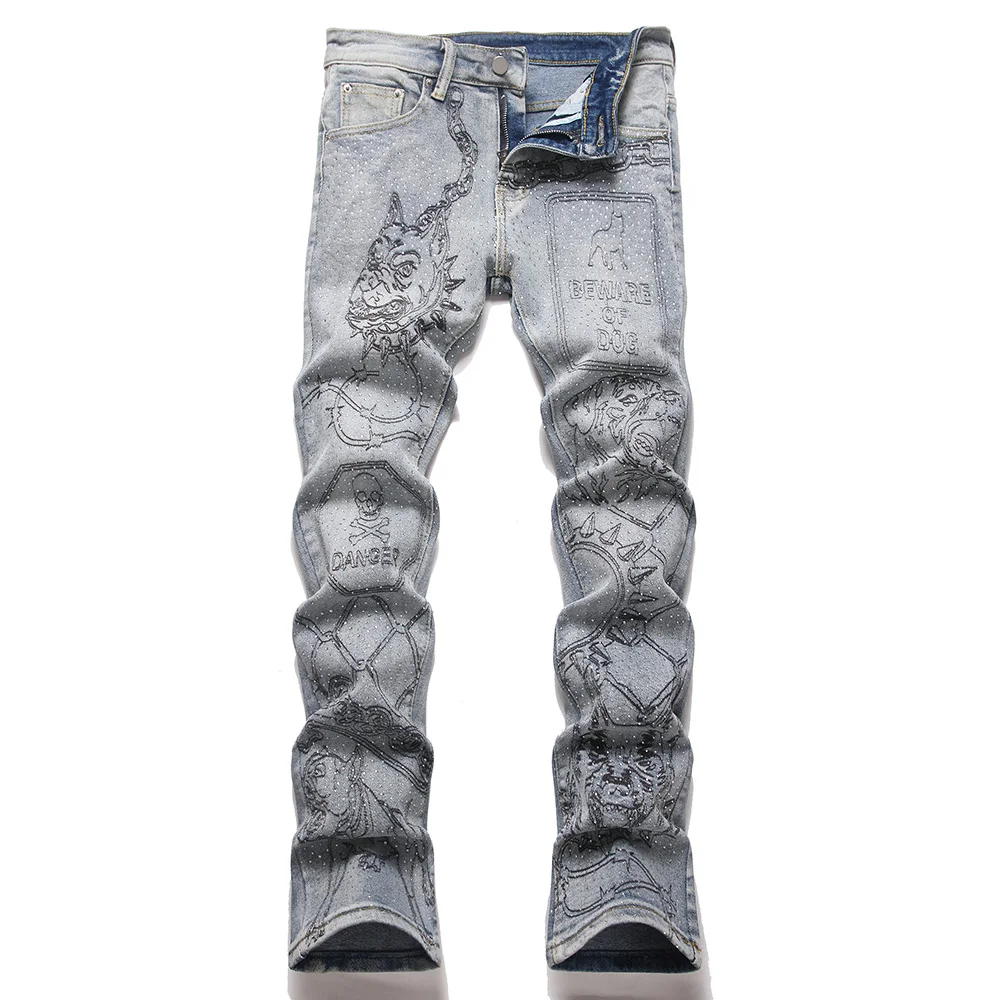 Men's Printed Denim Jeans Streetwear Dog Print Stretch Boot Cut Pants Fashion Crystal Vintage Blue Cotton Slim Flared Trousers
