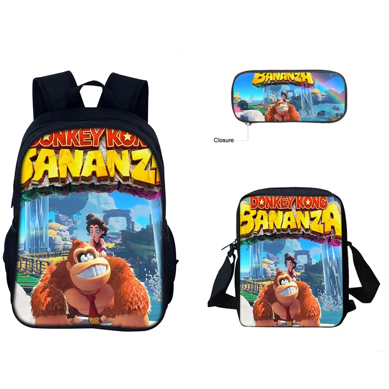 Donkey Kong Bananza 3-piece Shoulder Bag Pencil Bag for Boys and Girls Large Capacity Outdoor Leisure Travel Backpack