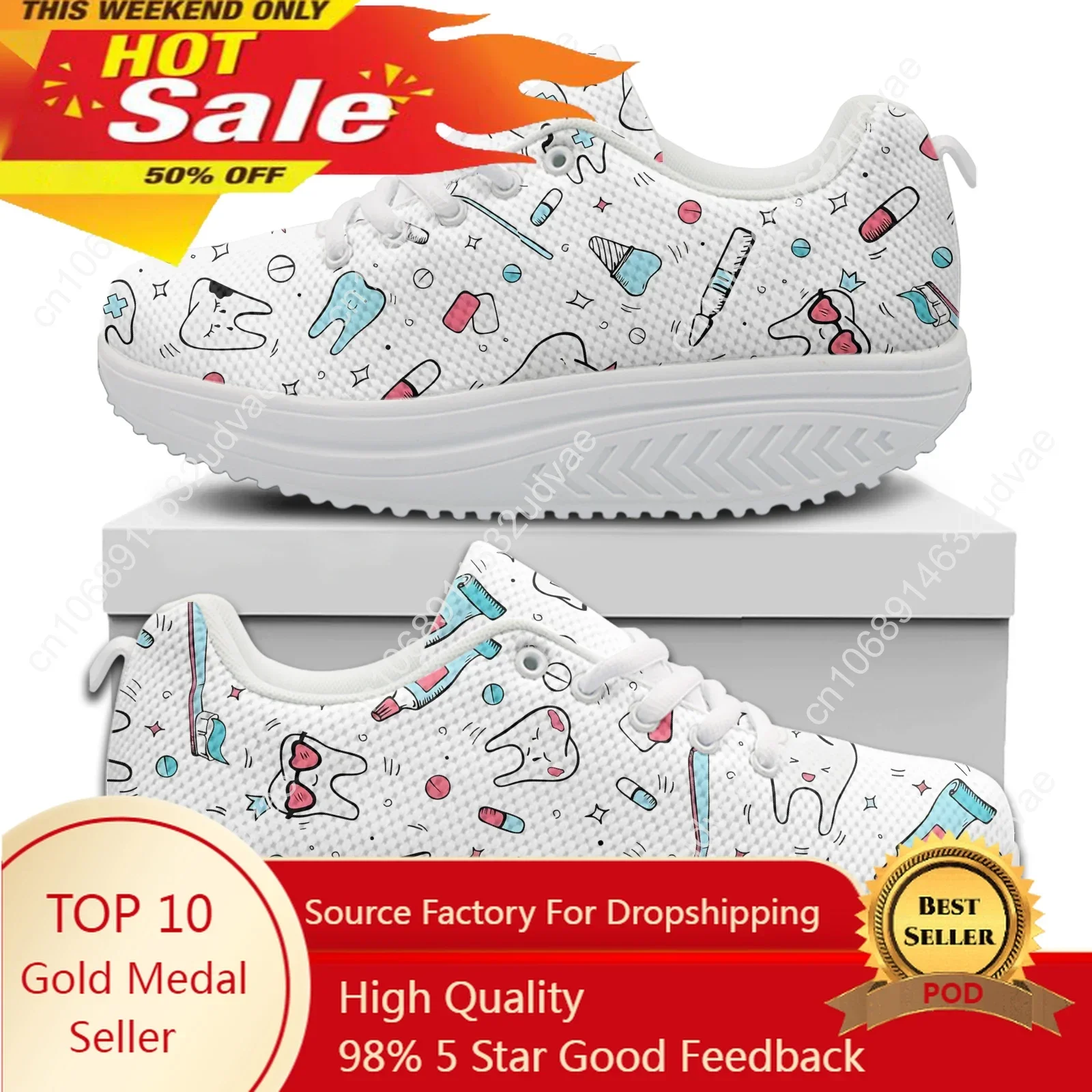 Cartoon Teeth Women's Shake Shoes Lace-up Platform Dental Shoes Girls Height Increasing Shoes Zapatos De Mujer