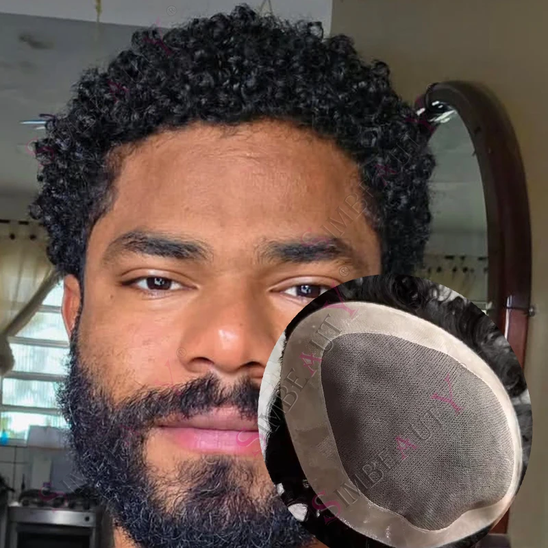 

8mm/10mm/12mm Kinky Curly Realistic Afro Men's Toupee Curl Human Hair Wig Breathable Mono Lace NPU Man Capillary Prosthesis Unit