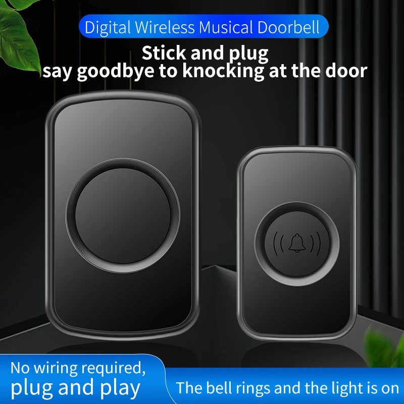 CACAZI Wireless Waterproof Doorbell 1000ft Remote EU Plug Home Intelligent Door Chime 60 Ringtones Adjustable without Battery