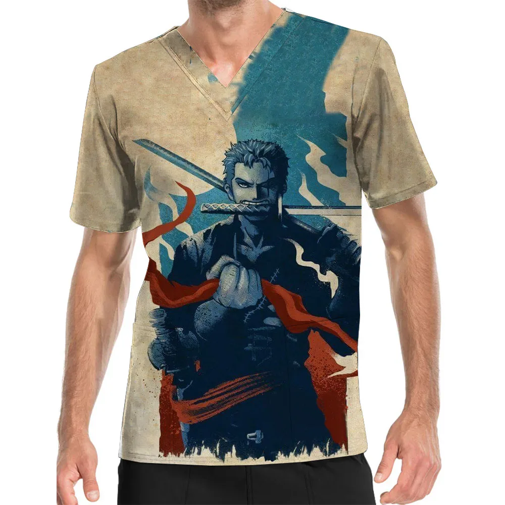 

Men's Tops V-Neck Print Scrub Top One Piece Zoro Caregiver Nursing Clothes Pet Shop Amusement Park Work Uniform