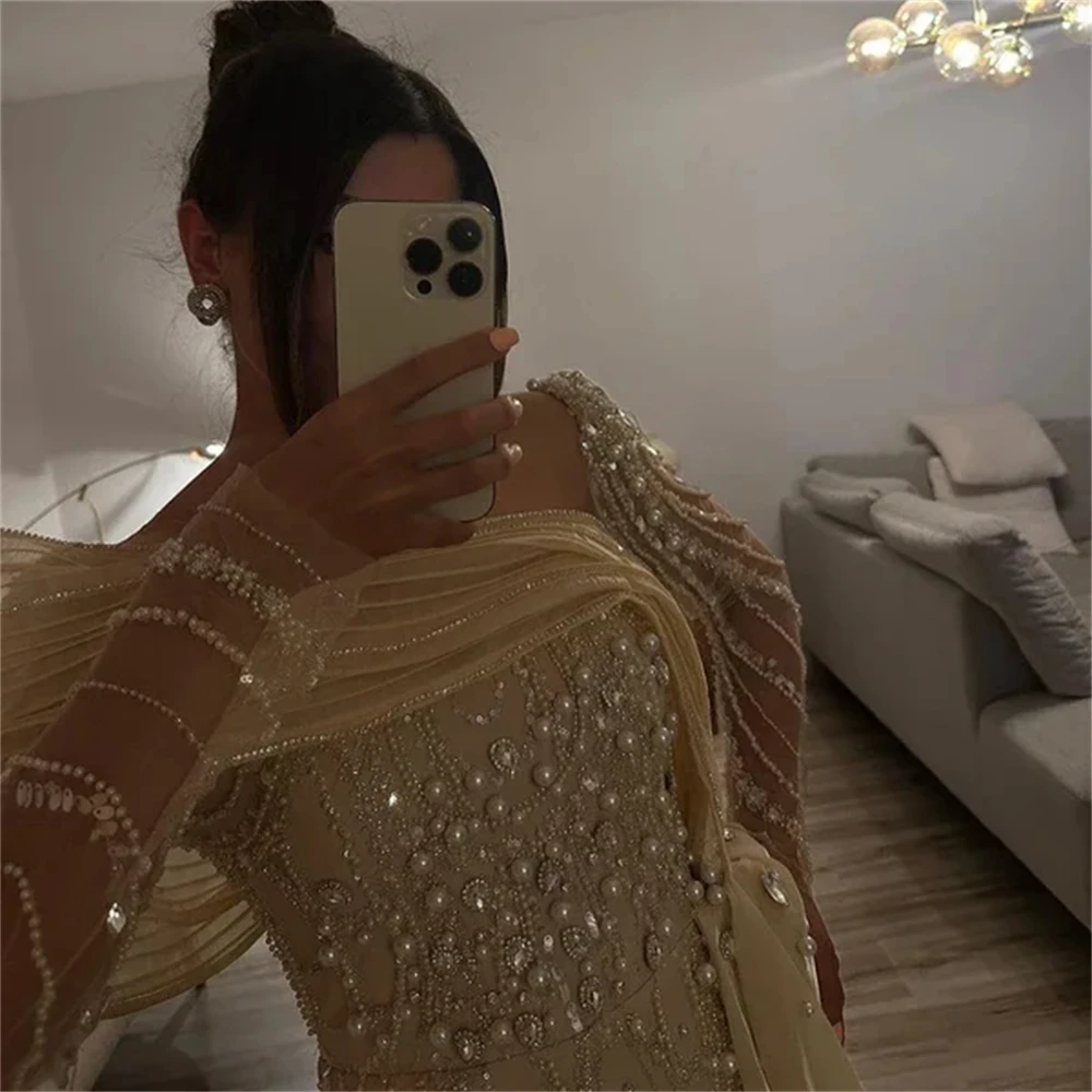 

Customized Mermaid High Quality Tulle Evening Dress Graceful Long Sleeves Prom Dress Fashion Court Train Special Occasion Gowns