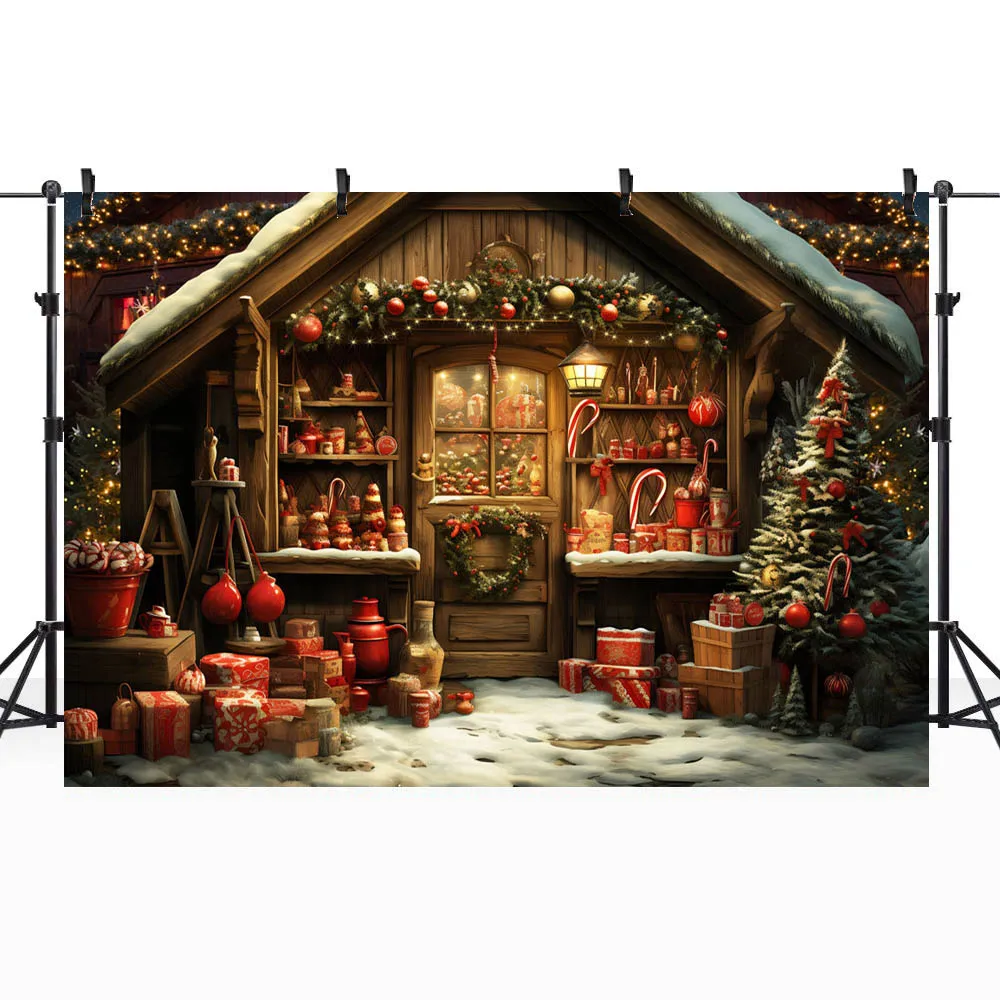 Mocsicka Wood House Snow Winter Christmas Backdrop Xmas Tree Wreath Gifts Family Portrait Photo Background Studio Photocall Prop