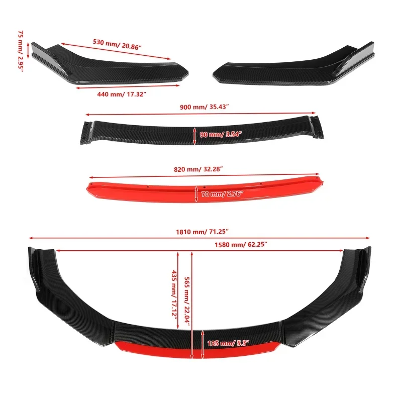 4pcs/set Universal Car Front Bumper Lip Splitter Detachable Bumper Chin Spoiler Car Exterior Parts