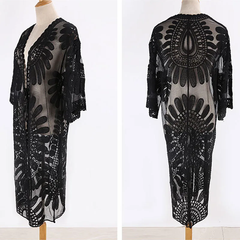 FORERUN ลูกไม้ Beach Cover Up ผู้หญิง Kimono Playa Sun ดอกไม้ตาข่ายยาวดูผ่านชุดว่ายน้ำบิกินี่ Mujer Verano