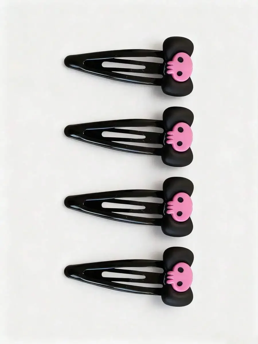 

4pcs Black Hair Clips With Pink Skull Decor, Cartoon Style Barrettes For Women