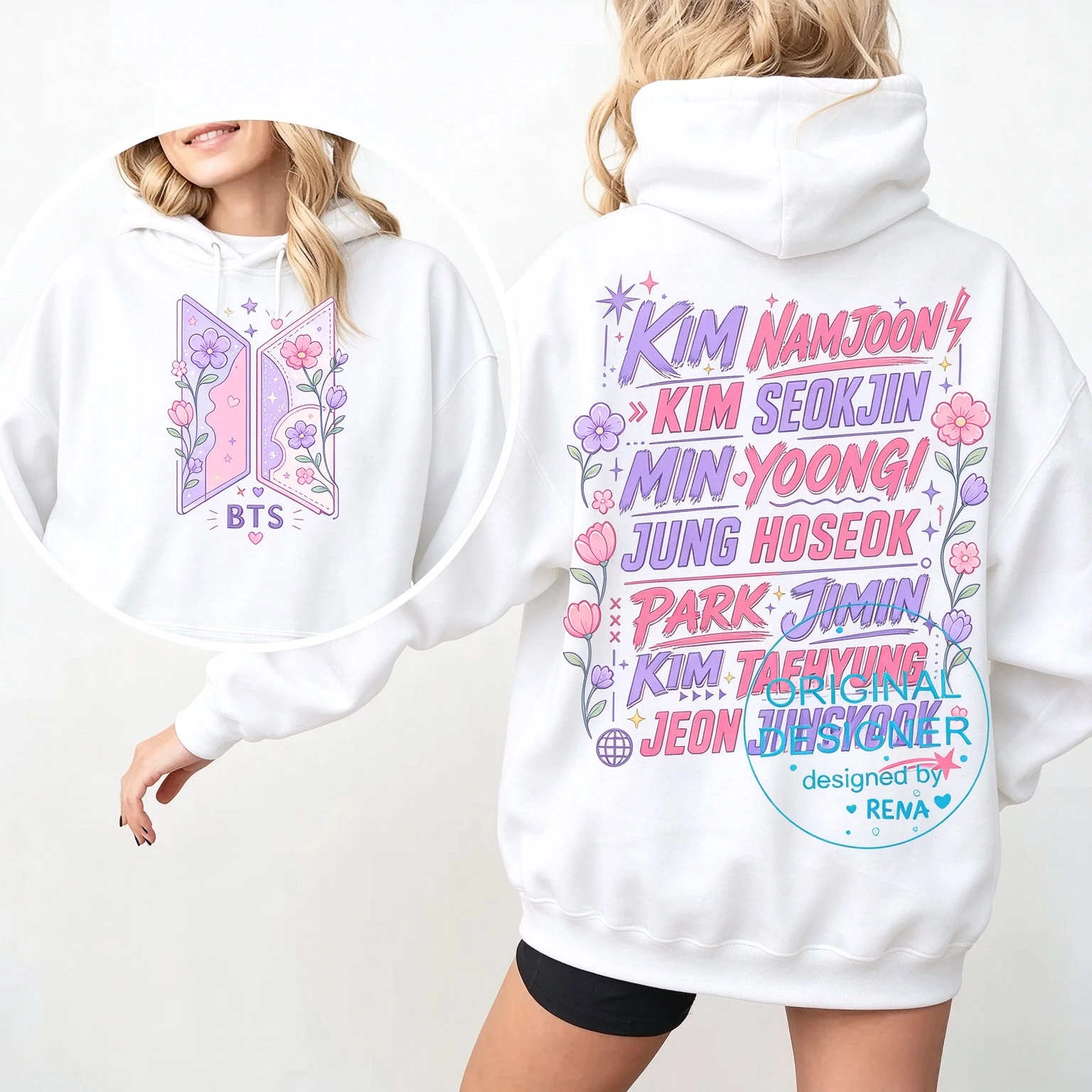 BTS Floral Member Name Hoodie Men Women Front Back Print Hooded Pullover Sweatshirt Kpop Fans Casual Streetwear Tops