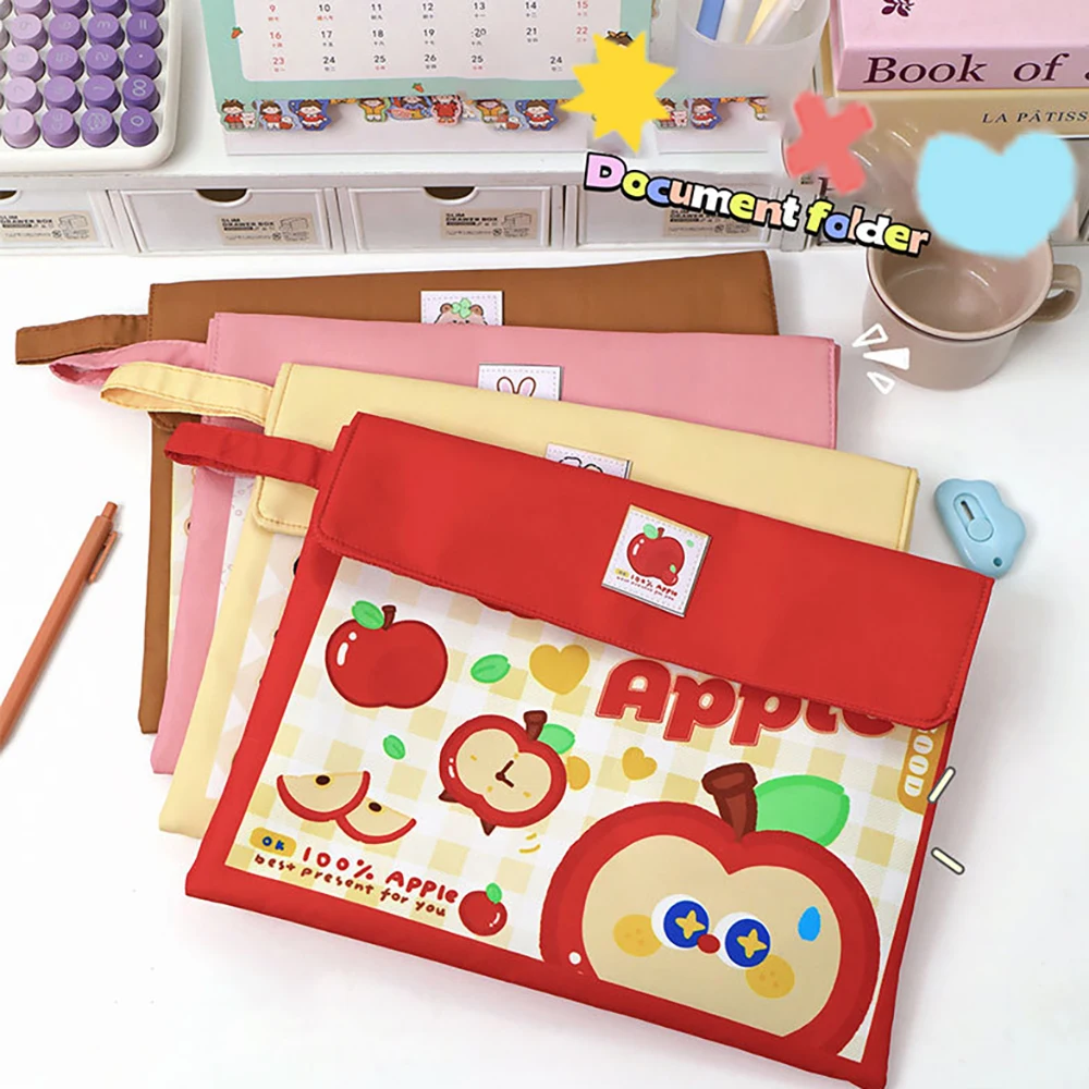 Cartoon file bag, cute large capacity A4 stationery storage bag, creative canvas magnetic snap button bill storage bag