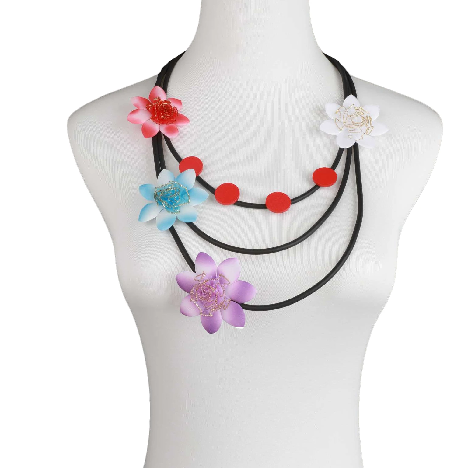 New Bohemian Style Handmade Colorful Flower Design Rubber Chain Disc Wood Accessories Jewelry Women Matching Choker Necklace