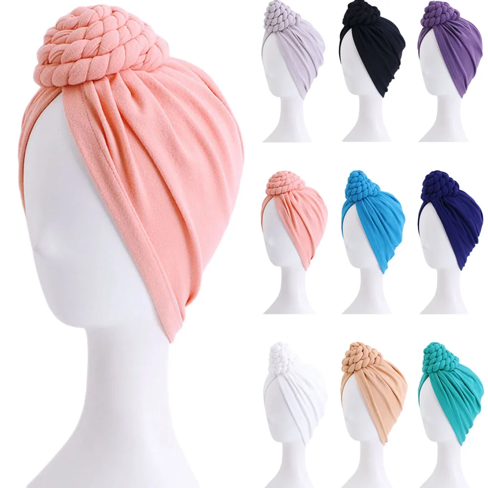 African Turban Women Muslim Hijab Knot Beanies Braid Chemo Cap Indian Hat Solid Color Headwear Hair Loss Cover Headscarf Wrap