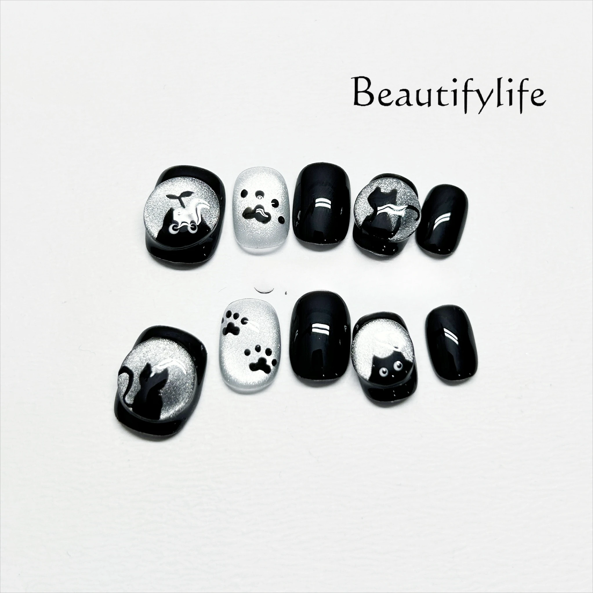 

Hand-worn armor black short square circle personality cute nail patch