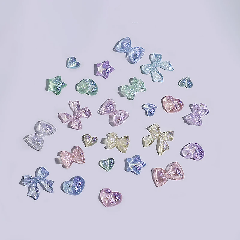 

30pcs Starry Sky Love Nail Accessories Aurora Bow Star Flat Bottomed Resin Diamond Ice Penetrating Nail Accessories