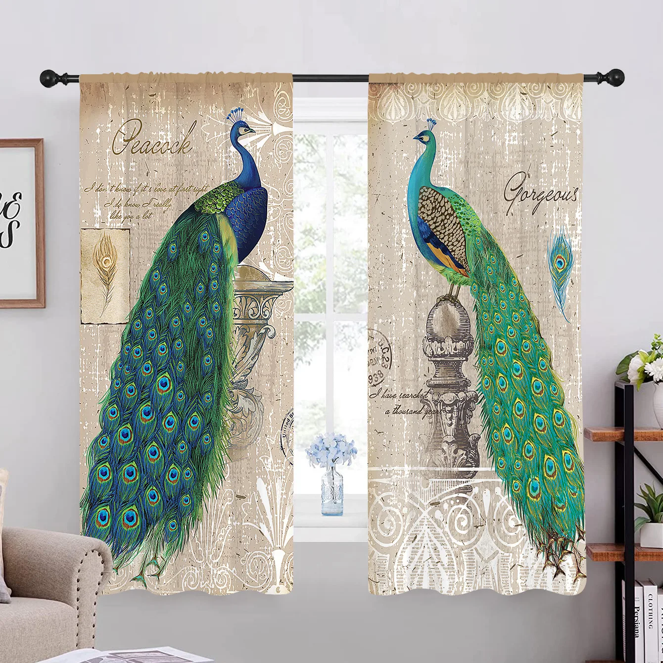 

3D Vintage Peacock With Flower, Bedroom Window Curtains, Living Room, Modern, Luxury, 2 Panels