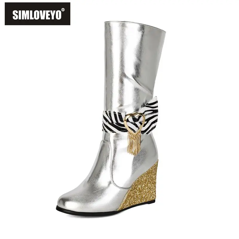 SIMLOVEYO Gold Women Mid Calf Boots Round Toe 10cm Wedges Heel Zipper Small Big Size 32 33 42 43 Mixed Color Sexy Dating Botas
