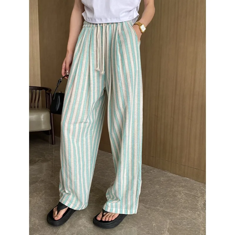 

Holiday Green Stripe Drawstring Elastic Waist Casual Straight Leg Pants