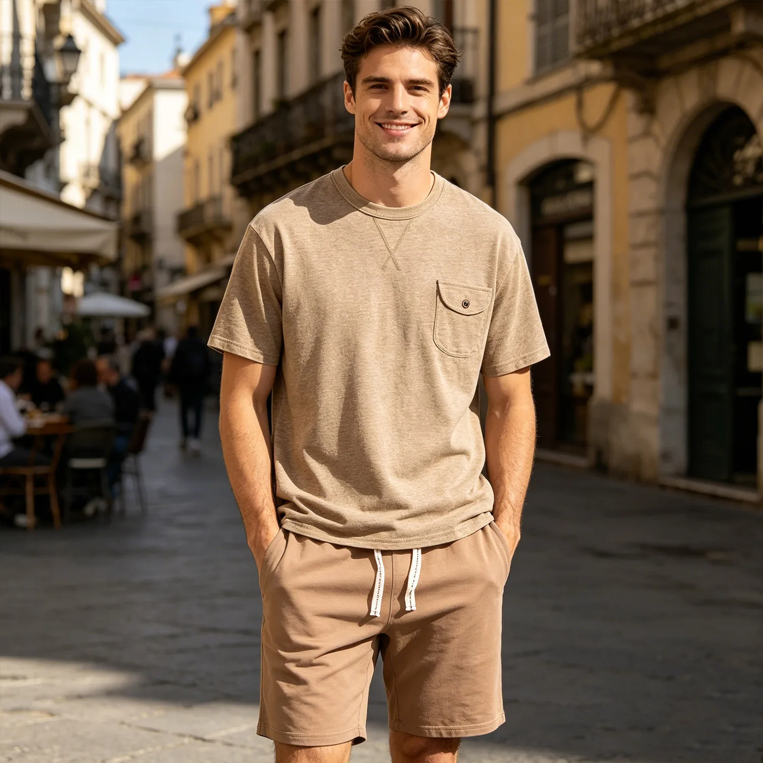 1Set Summer Heavy Cotton Slub Pocket Tee Retro Crew Neck Basic Short Sleeve Loose Drawstring 5in