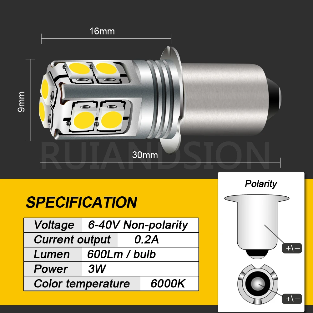 RUIANDSION 1Pcs E10 P13.5S PR2 3030SMD 6000K 4300K Maglite Flashlight Bulb 6V-40V 9V 12V 18V 24V 4D 6D 9D Torch 4-9Cells 600Lm view 4