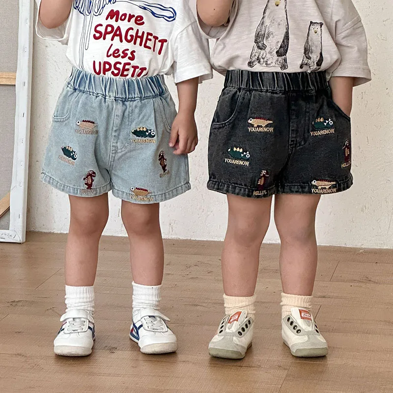 

MILANCEL New Summer Kids Shorts 1-9T Embroidered Dinosaur Girls Clothing Cute Letter Children Denim Shorts Boys Casual Pants