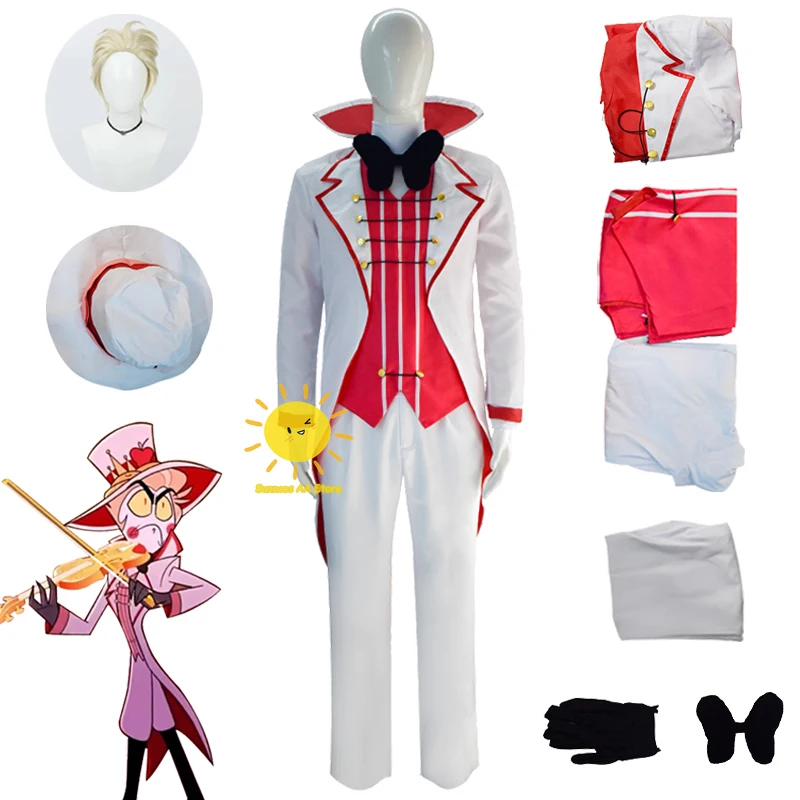 Anime lúcifer morningstar cosplay hazbin hotel cosplay trajes hazbin lucifer terno branco festa de halloween adulto homem traje