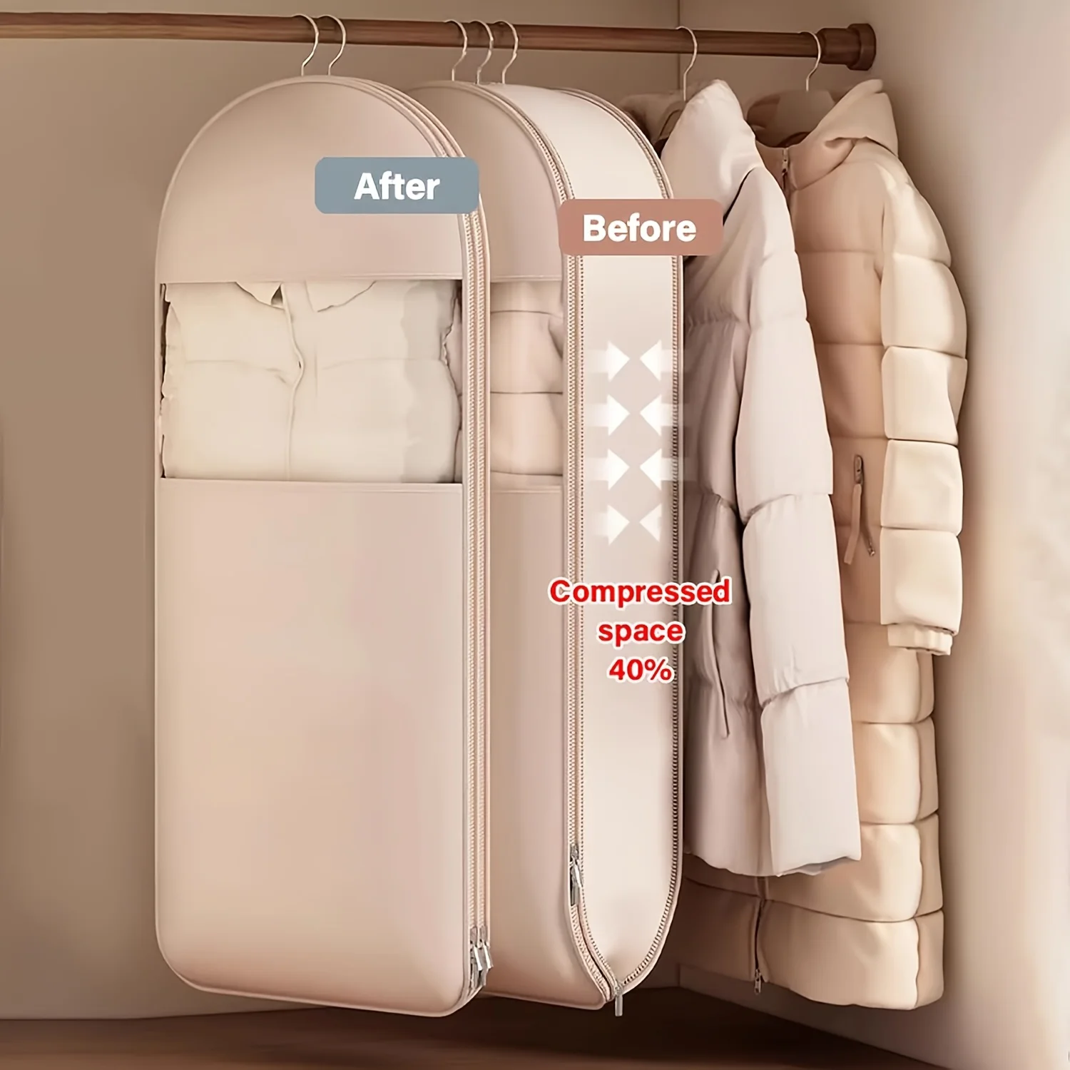 Beige Compression Hanging Bag 40% Space-Saving Vacuum Seal Storage Bag with Clear Window & Sturdy Zipper for Winter Clothes