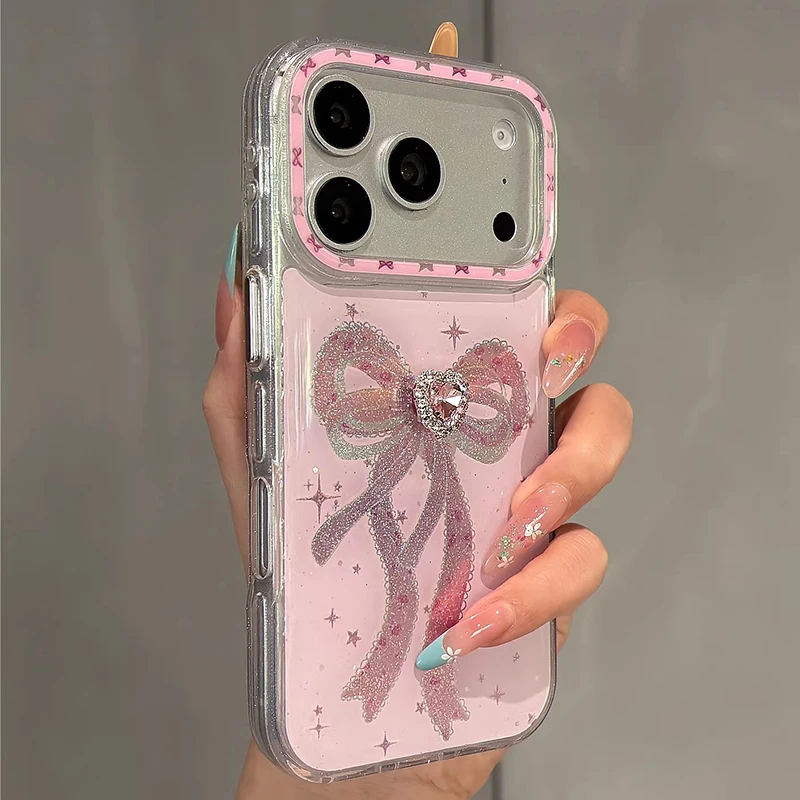 

Korea Pop Lovely Floral glitter Laser Pink bowknot Phone Cases For iphone 17 16 15 Pro Max 17PM 3D Love heart Diamond gril cover