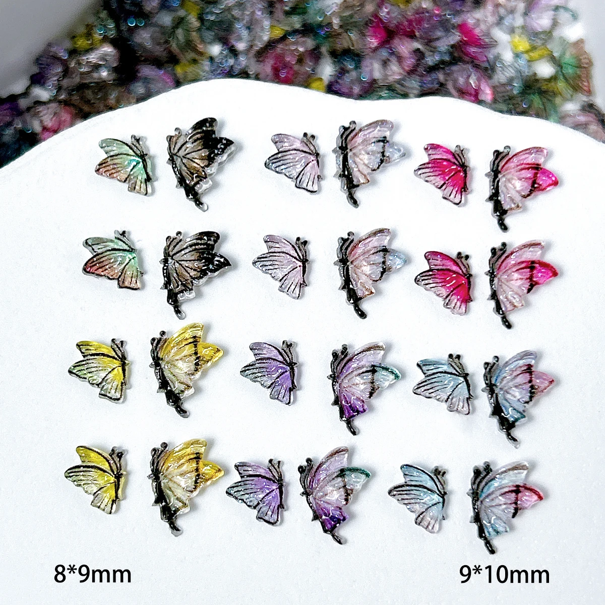 50PCS 3D Realistic Colorful Translucent Butterfly Resin Nail Art Decorations Multiple Sized Gradient Butterfly Nail Charms DIY
