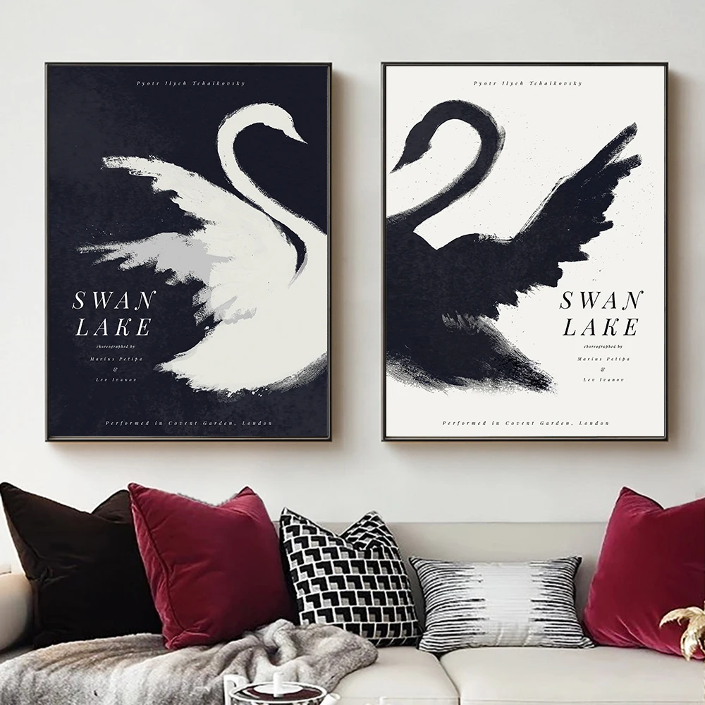 Black and White Bird Painting Canvas Print Swan Lake Wall Art Poster Minimalist Picture for Gift Living Room Home Decor Cuadros