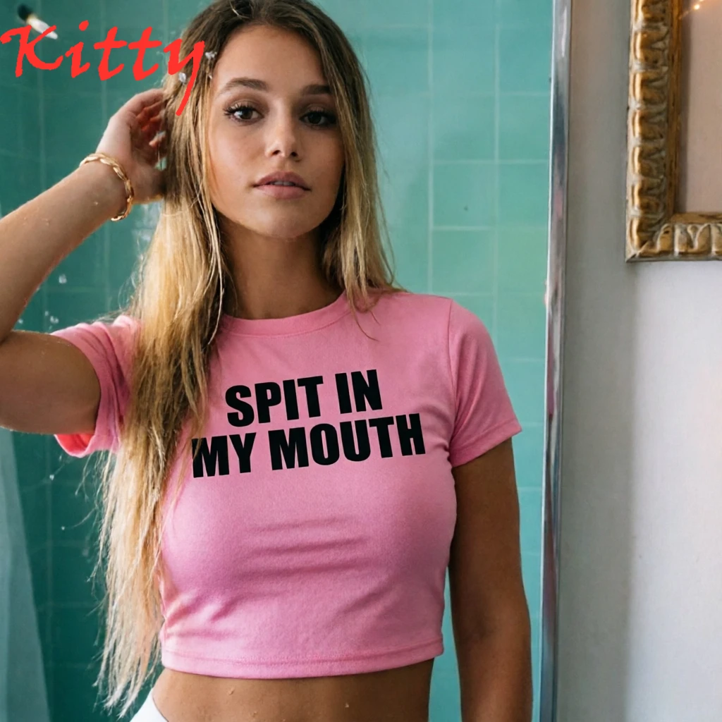 Spit in My Mouth Crop Top Baby Tee Girls Summer Printed Women's T-shirt Slim Y2k EMO Girls Casual Tees Tops 90s Tees Women Tops