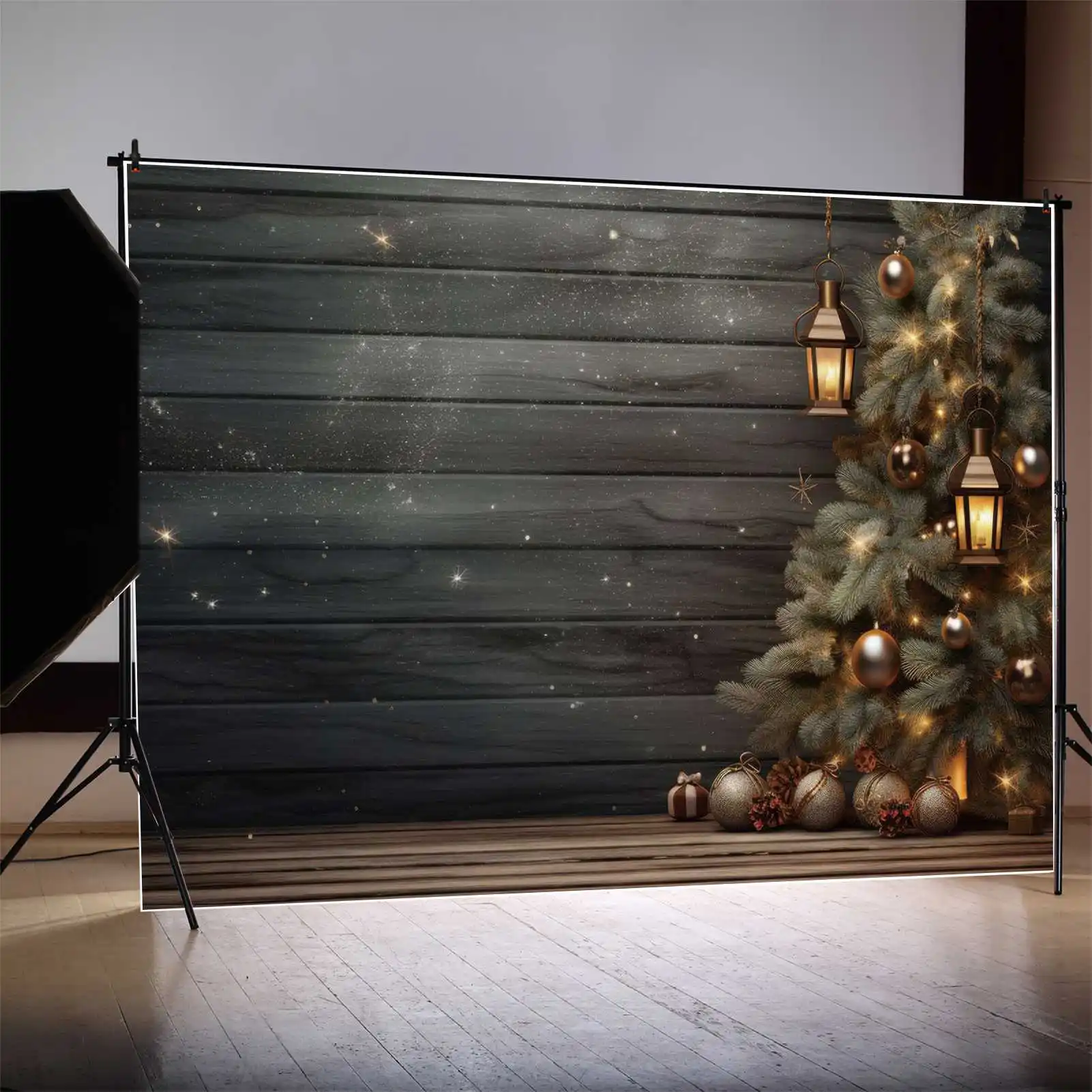 MOON.QG-telón de fondo de árbol de Navidad, decoración de lámpara dorada, tablón de madera, pared, suelo, fotografía de fondo, Banner de fiesta personalizado, cabina de fotos