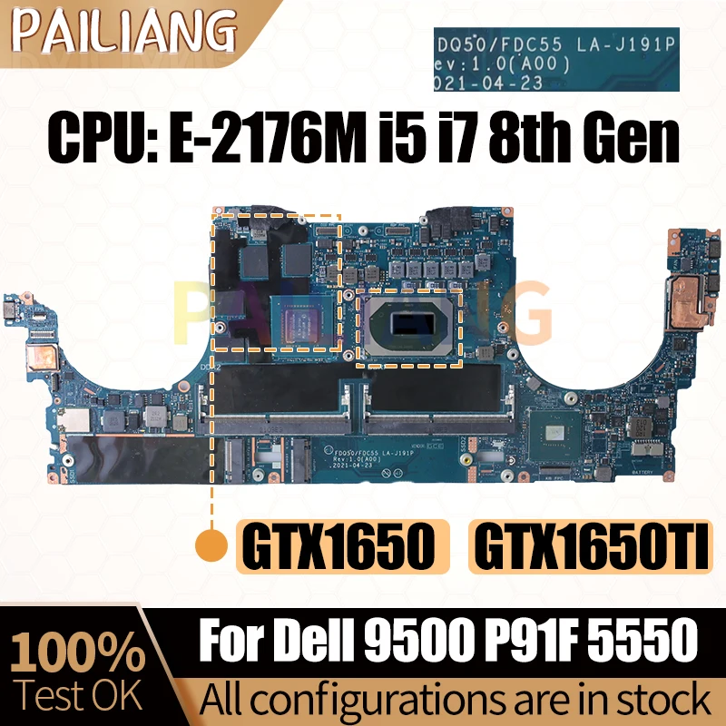 For DELL 9500 P91F 5550 Notebook Mainboard LA-J191P 00M55X 0W4CRC i7-10750H i7-10850H GTX1650 Laptop Motherboard Full Tested