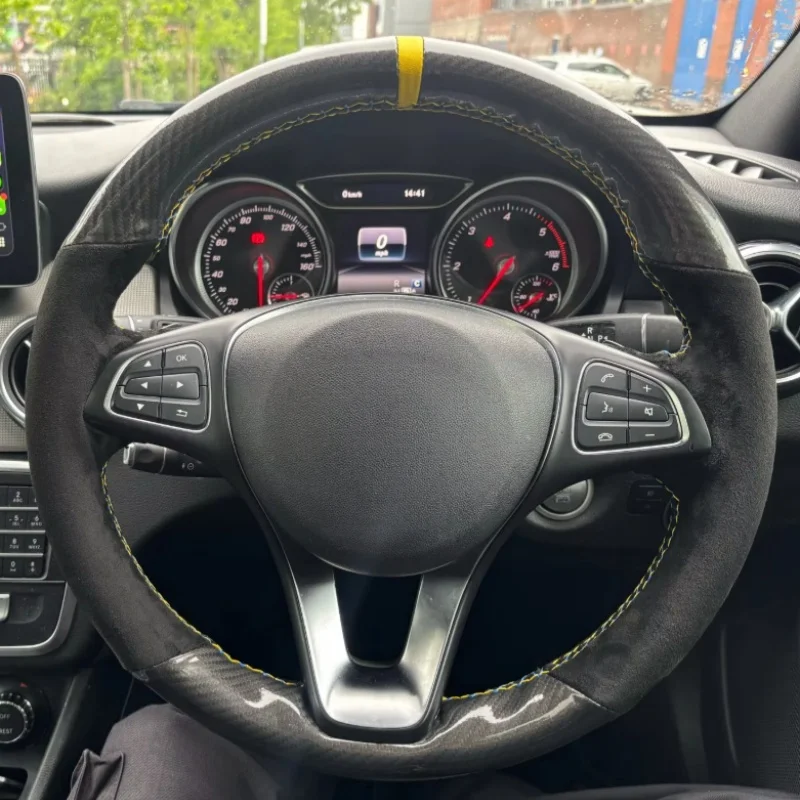 For Mercedes Benz A C Class E260 E300 GLB GLA GLE GLC Manual Sewing Car Steering Wheel Covers Accessories Carbon Fiber Leather