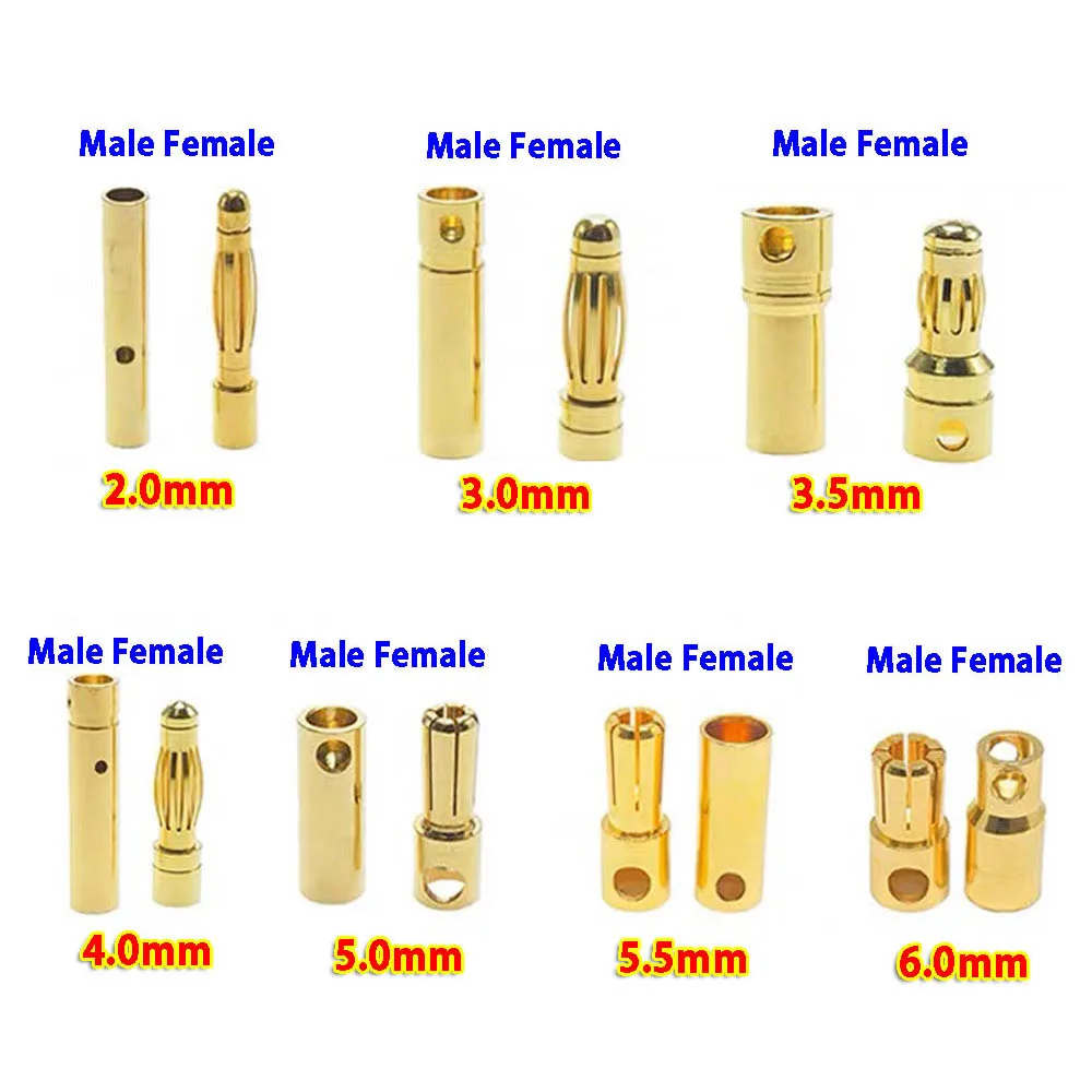 10szt 2mm 3mm 3.5mm 4mm 5mm 5.5mm 6mm Wtyczka bananowa Pozłacana miedź Bezszczotkowy silnik Złącze kulowe do akumulatora ESC Wholeale