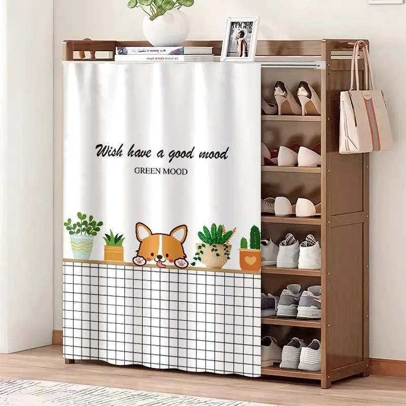 Minimalist Arch Shoe Cabinet Curtain Green Plant Grid Print Dust Proof Cover Partition Curtain Storage Organizer Home Decor