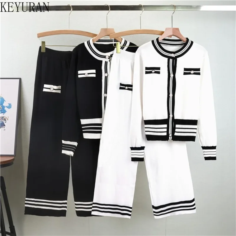 Autumn Winter Striped Knitted Pants 2 Piece Set Women Korean Long Sleeve Cardigan Sweaer and Wide Leg Pants Suits Casual Outfits