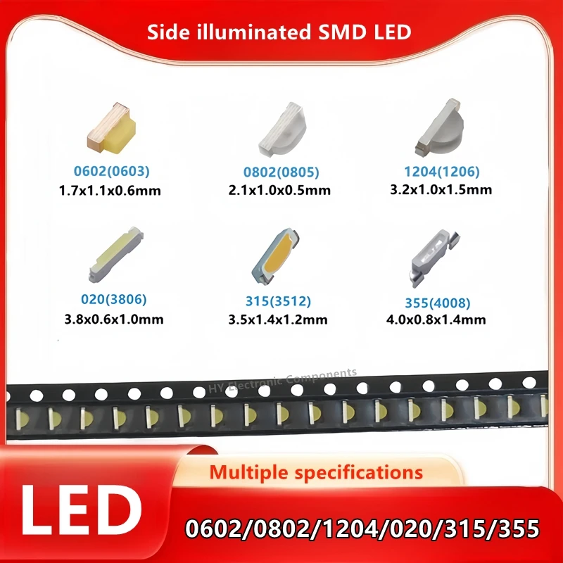 50pcs 0602 0603 0802 1204 020 315 335 Side Light SMD LED Red Blue Yellow Orange White Warm Pink White Green Purple Light Diode