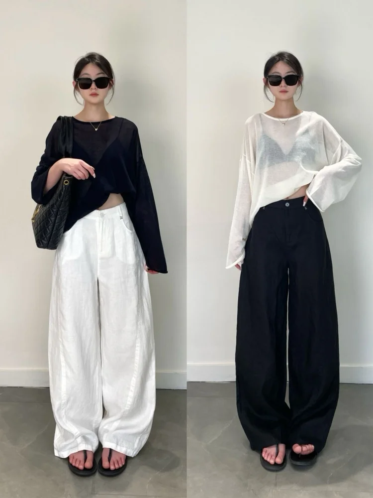 

Zhiyu 00% Linen Lightweight Structure Casual Pants High Waist Straight Leg White Floor-Length West Pants Breathable Comfortable