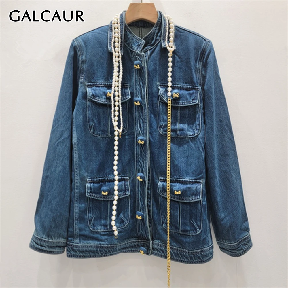 

GALCAUR Blue Spliced Pearls Basics Jacket Female Turtleneck Long Sleeve Loose Retro Design Women's Jackets Autumn Fashion New
