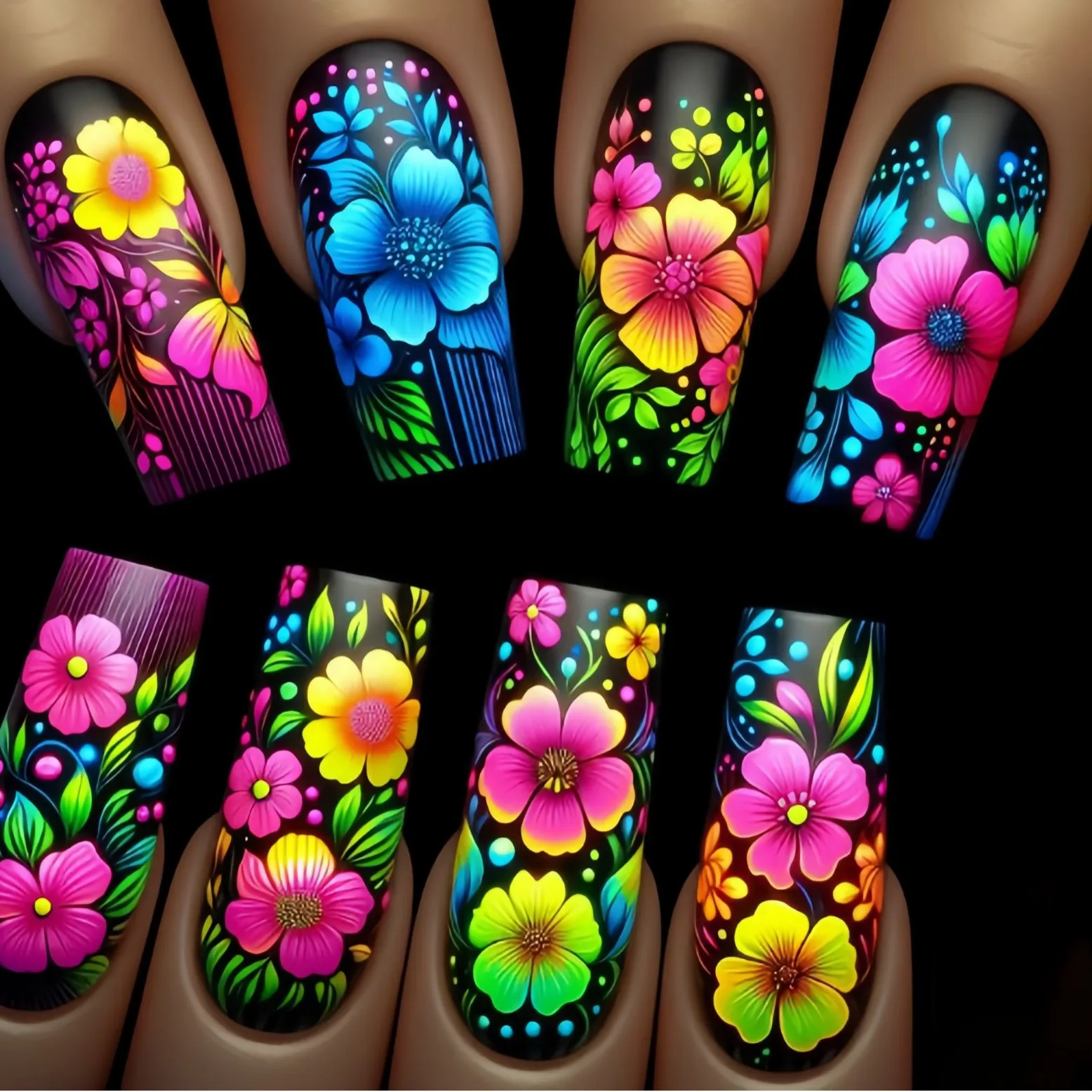 

Medium long fake nails gradient blue rose yellow pink flowers butterfly for Spring summer reusable ABS press on Artificial nails