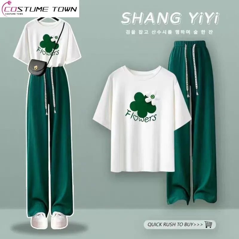 

Sweet Set Women's Summer New Korean Edition Loose 3D Flower Short Sleeve T-shirt Women's Fashion Casual Pants Two Piece Set