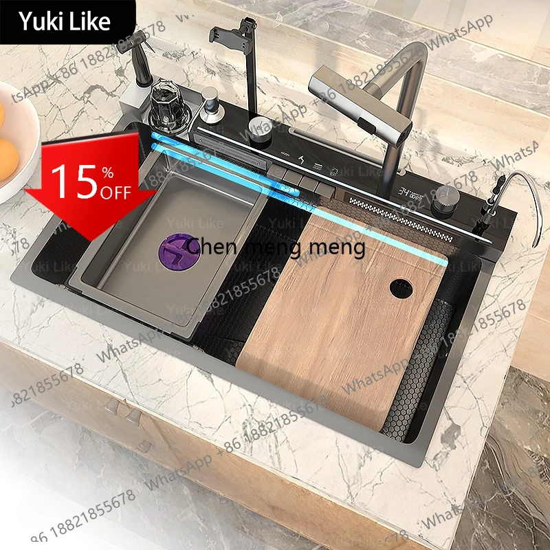 

A139 Multifunctional Piano Button Waterfall Spout Faucet Stainless Steel Kitchen Sink Digital Display Screen Dishwashing Basin