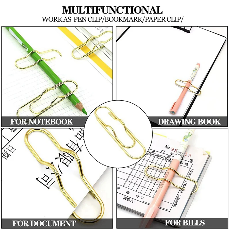 مشابك قلم من الفولاذ المقاوم للصدأ متعددة الوظائف ، حامل مشبك ورقي ، ذهبي ، 30