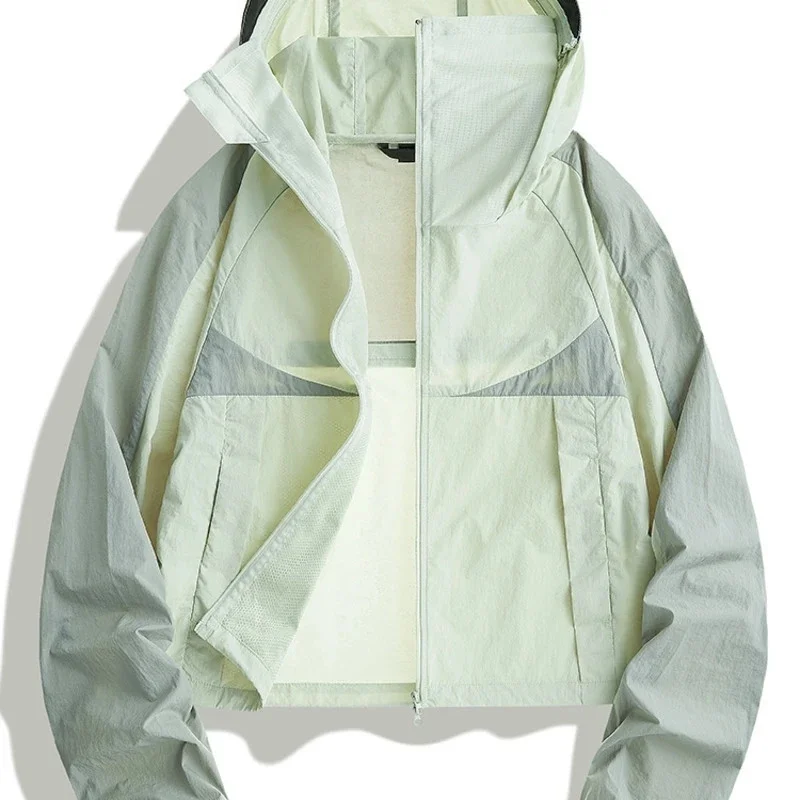 Women UPF50+ Sun Protection Jacket, Breathable Hooded Windbreaker Short Summer, Outdoor Hiking Fishing Anti UV, Coat Light Green