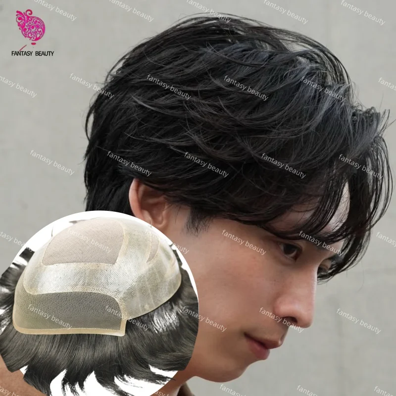 

Мужской парик-накладка Black Versalite: невидимый кружевной фронт из полиуретана с отбеленными узлами, комфортный, 100% натуральные человеческие волосы, протез для замещения волос