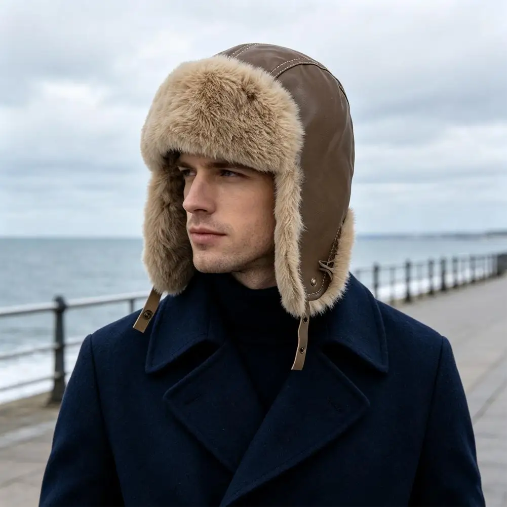 Faux Fur Trapper Hat Winter Ushanka Hat with Ear Flaps Windproof Retro Fuzzy Earflap Hat for Men Women Cold Weather Cap