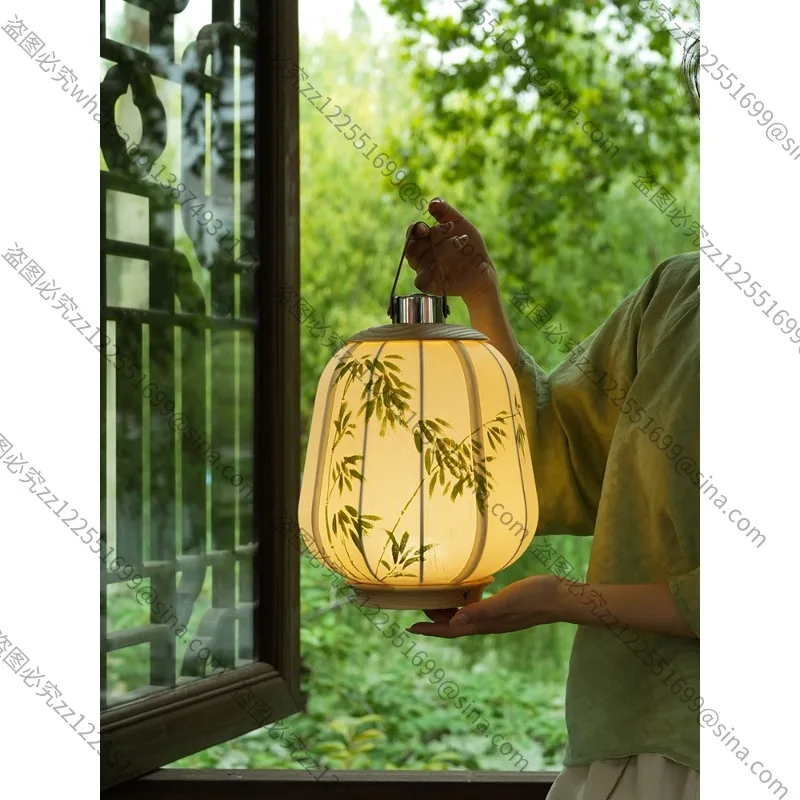 Suitable for Hand-painted Bamboo Shadow New Chinese Retro Desk Lamp Touch Wireless Solid Wood Portable Bedside Night Light