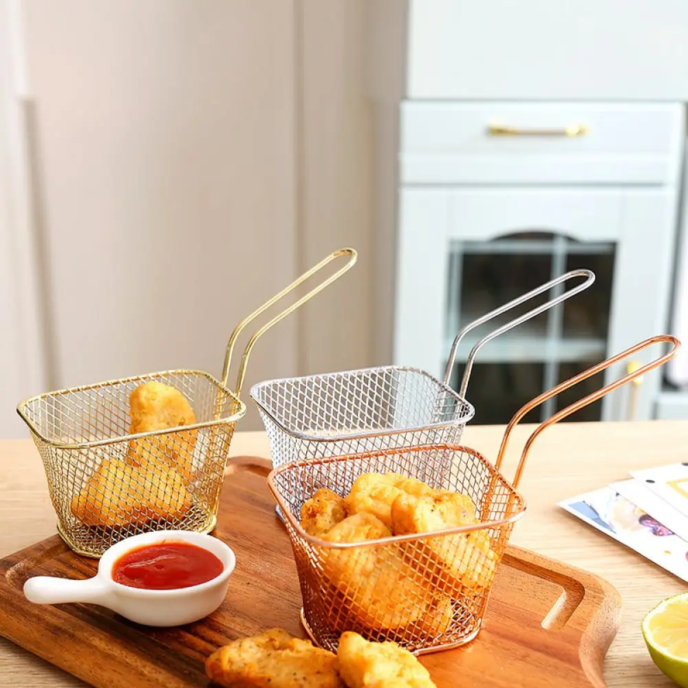 Premium Rose Gold Wire Fry Basket Mini Square Holder For Appetizers Snacks Kitchen Dining Commercial Service Ware